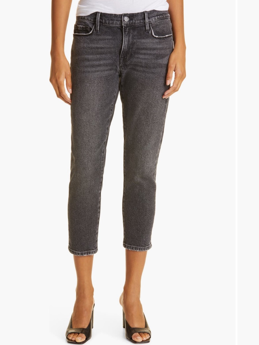 FRAME Le Garçon Mid-Rise Cropped Straight Jeans in Washed Black